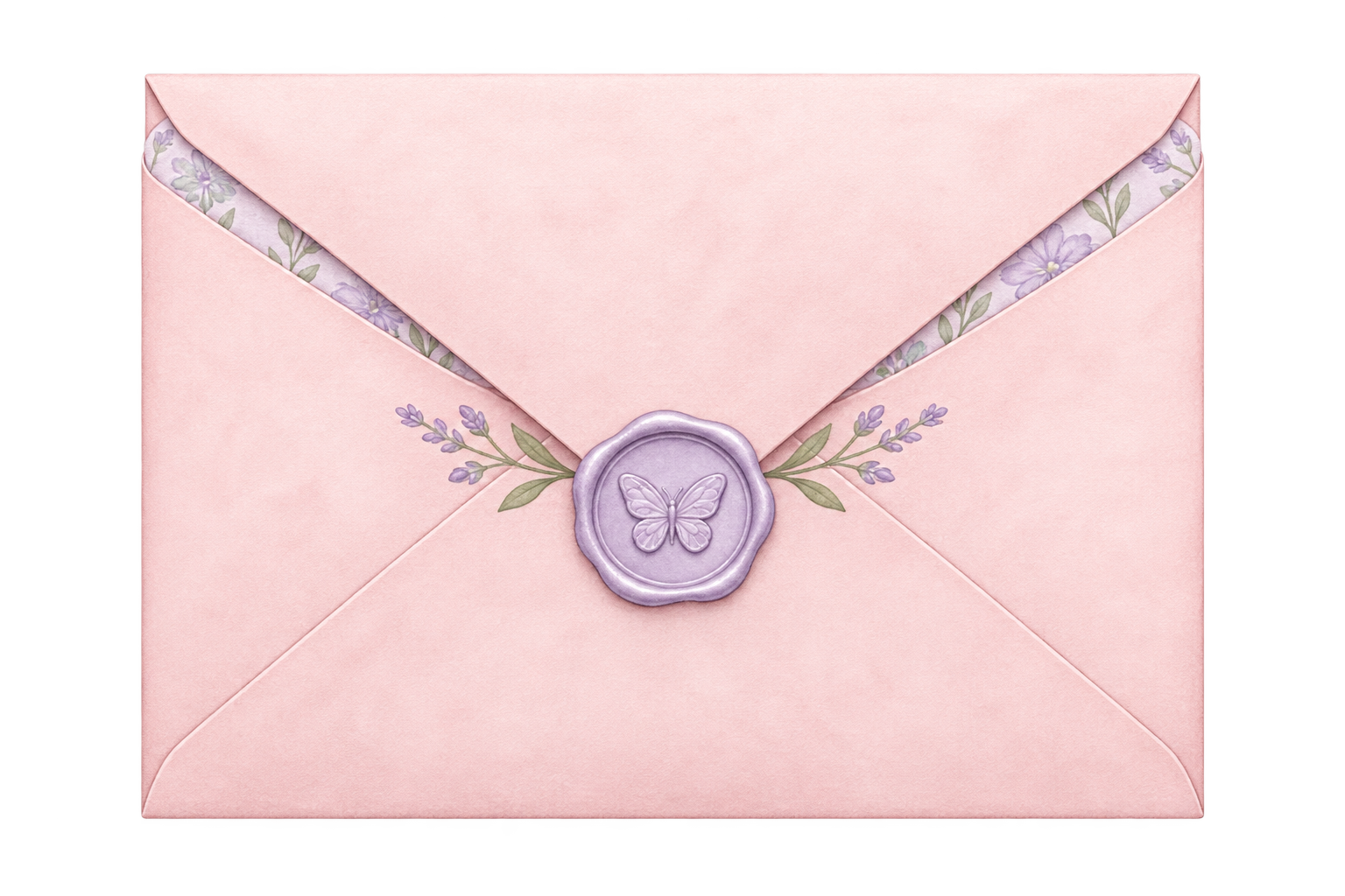 Blush pink envelope sealed with a lavender butterfly
